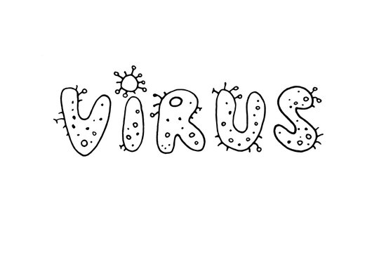 Coronavirus,Virus. Outline contour lettering doodle handwritten black and white