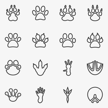 Set of paw print line black and white vector icon.