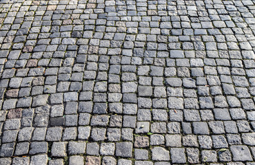 Detailed close up view on cobblestone street textures in high resolution