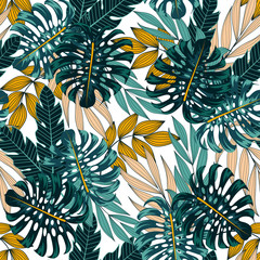 Summer seamless tropical pattern with colorful plants and leaves on a white background.Vector design. Jungle print. Floral background.   Beautiful print with hand drawn exotic plants.