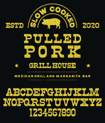 Hand drawn font for cafes, bars, restaurants where meat is eaten. Brazier, blood, grill, open fire inspired typeface. Textured unique script style alphabet. Letters and numbers. Vector Illustration.