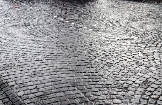 Detailed close up view on cobblestone street textures in high resolution