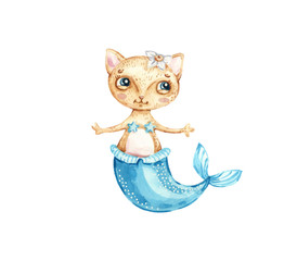 Watercolor nursery Magic cute baby cat mermaid unicorn Childish illustration with fairy animal for apparel. Handpainted sea animal. Kid's or baby's shirt design, print, t-shirt, kids wear, baby shower