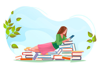 Girl reading, relax on stacks of books in spring background. Love read concept design. Beautiful green summer nature with Flat character. Modern vector card for web design, isolated white background
