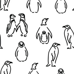 Penguins , birds , animal vector hand drawn seamless pattern on white background. Concept for print, wallpaper, wrapping paper 