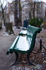 The snow on the park bench