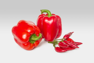Two red bell peppers and a branch with red chili pods