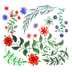 Set of isolated watercolor plant elements. Decorative flowers and twigs. Green, red, blue on a white background.