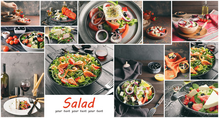 Collage of photos with different tasty salads and space for text