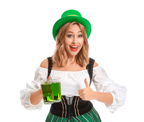 Beautiful young woman with beer on white background. St. Patrick's Day celebration