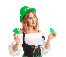 Beautiful young woman with paper clover on white background. St. Patrick's Day celebration