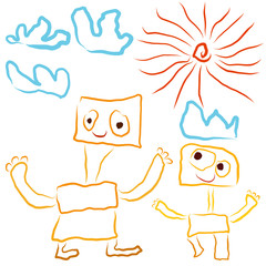funny happy family, sun and crown cloud, child's drawing