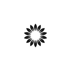 Black flat icon of sunflower. Bloom with big sharp petals and round core.