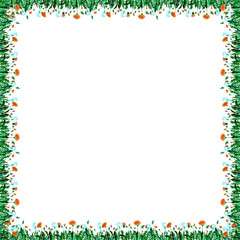 summer border of dandelions, green leaves and orange flowers. illustration for a postcard or greeting. pattern with flowers. seamless pattern