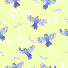 Seamless pattern with flying budgies. Vector graphics.
