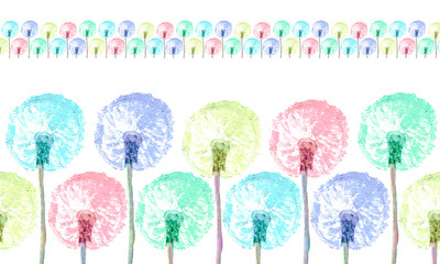 Dandelion flower in various colors. Seamless patterns, borders and frames for greeting cards