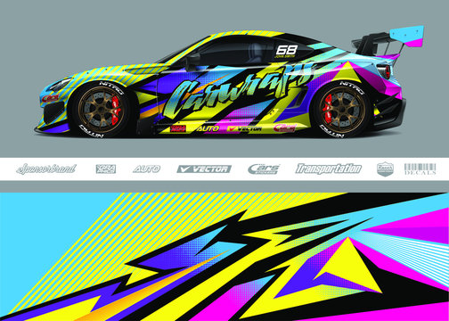 Race car livery design vector. Graphic abstract stripe racing background designs for vinyl wrap, race car, cargo van, pickup truck and adventure. Full vector Eps 10.