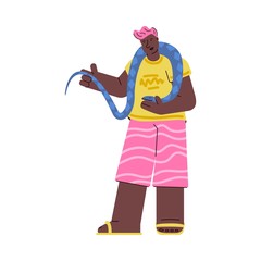 African american man with exotic pet - snake vector illustration isolated.