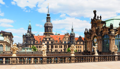 Fototapeta na wymiar Zwinger palace complex, Dresden, Germany, panoramic view. Glockenspiel Dresden Zwinger, Dresden Castle, Residenzschloss, Hofkirche