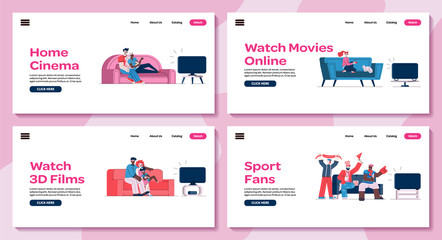 Home cinema banners set with people watching TV sketch vector illustration.