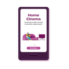 Home cinema application design with people on couch, flat vector illustration.