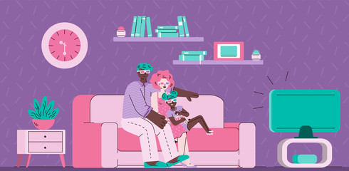 Loving couple watching TV sitting on sofa in room interior vector illustration.