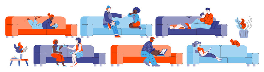 Set of people sitting on couch and resting, sketch vector illustration isolated.