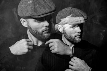 Double exposure portrait of bearded man. Vertical portrait