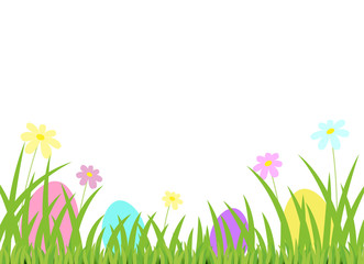 Easter background. Eggs, grass and flowers on white.