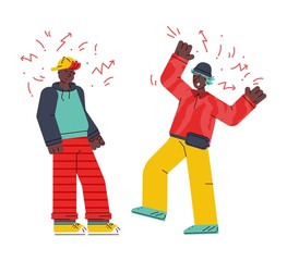 Men characters fighting and quarrelling sketch vector illustration isolated.