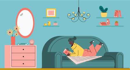 Woman resting on sofa and reading book in living room sketch vector illustration.