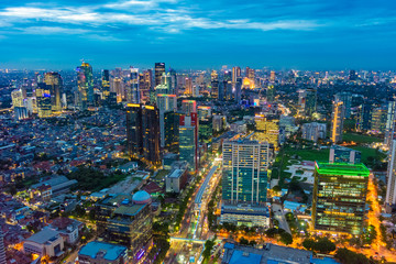 Fototapeta na wymiar Aerial view of Jakarta Central Business District (Sudirman and Kuningan) at sunset/dusk.