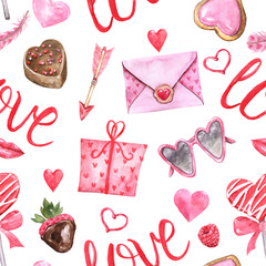 Cute and romantic Valentines day seamless pattern. Watercolor hand painted love letter, pink and red hearts, desserts, treats, candies, arrows, lips on white background.