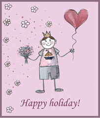 Prince boy with a bouquet of flowers and a red balloon in the shape of a heart on a pink background. Watercolor drawing.