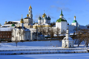 Architecture of Trinity Sergius Lavra, Sergiyev Posad, Russia. Color photo.	