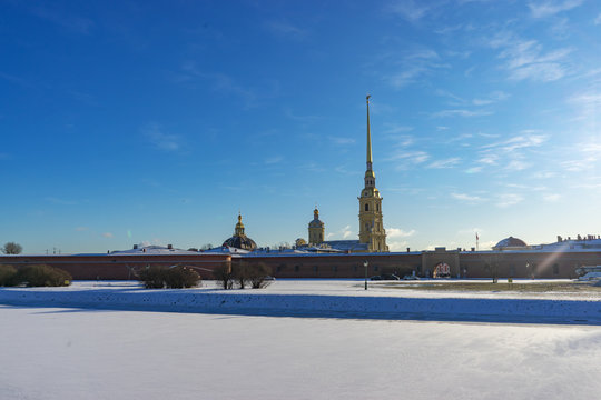 Russia. Saint Petersburg. Peter and Paul Fortress on a frosty winter, sunny day.