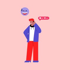 Man using gadget to chat in social media, flat vector illustration isolated.
