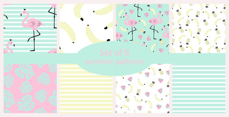Set of 8 summer patterns with flamingos and fruit banana, pineapple, watermelon, strips, leaves. Vector illustration for printing on fabric, packaging paper, postcard, Wallpaper. 