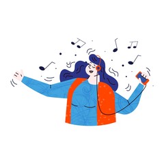 Girl listening music from cloud server or phone vector illustration isolated.
