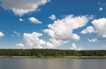 Summer lake landscape, nature background.