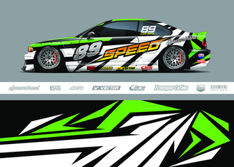 Fototapeta premium Race car livery design vector. Graphic abstract stripe racing background designs for vinyl wrap, race car, cargo van, pickup truck and adventure. Full vector Eps 10.
