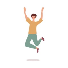 Fototapeta na wymiar Cheerful man jumping high in the air, flat cartoon vector illustration isolated.