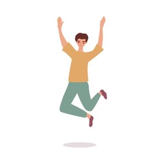 Cheerful man jumping high in the air, flat cartoon vector illustration isolated.