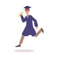 Male cartoon university graduate jumping in air - happy young man in graduation cap