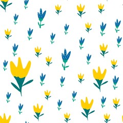 yellow and pale blue tulips on a white background. Perfect for fabric design, gift wrapping, spring greeting cards, or website backgrounds.