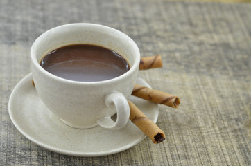 Breakfast with waffles roll and hot cocoa