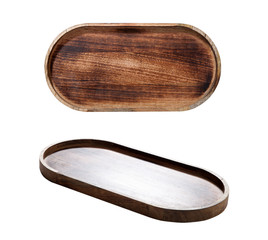 Dark wooden serving tray isolated on white background, top view.