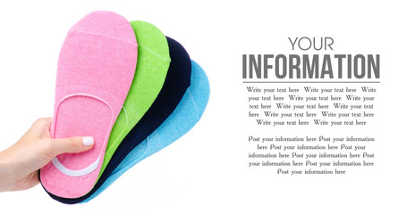 No show socks colorful in hand on white background isolation, space for text