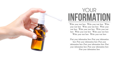 Throat spray medicine in hand on white background isolation, space for text