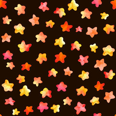Watercolor red-yellow stars on a black background. Seamless pattern. Watercolor stock illustration. Design for backgrounds, wallpapers, covers, textile and packaging.